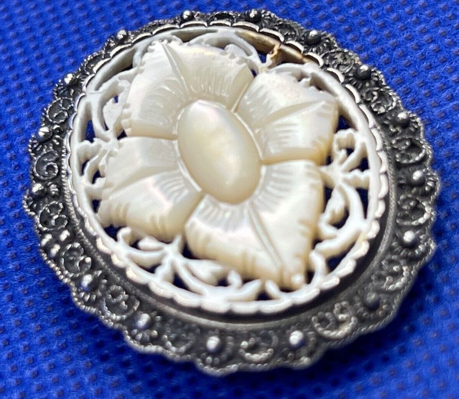 Antique Antique Victorian 935 Silver Brooch Superb Mother of Pearl Fine Carving Hallmark