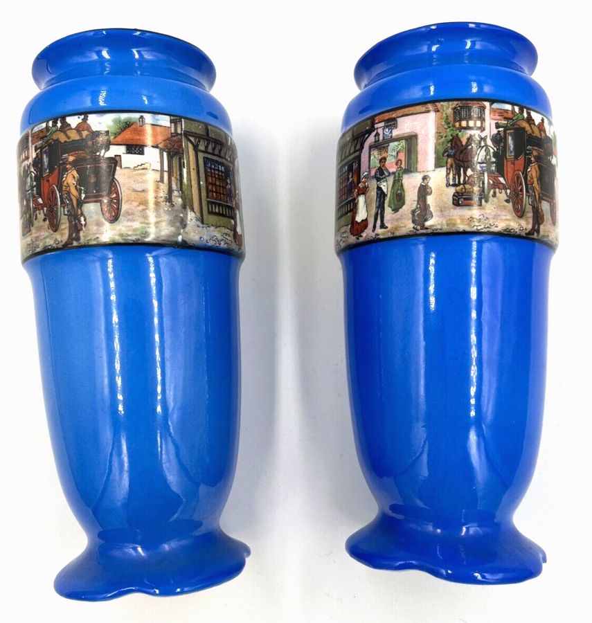 Antique Blue Pair Vases Vivid Cobalt Hand Painted Rare Colour