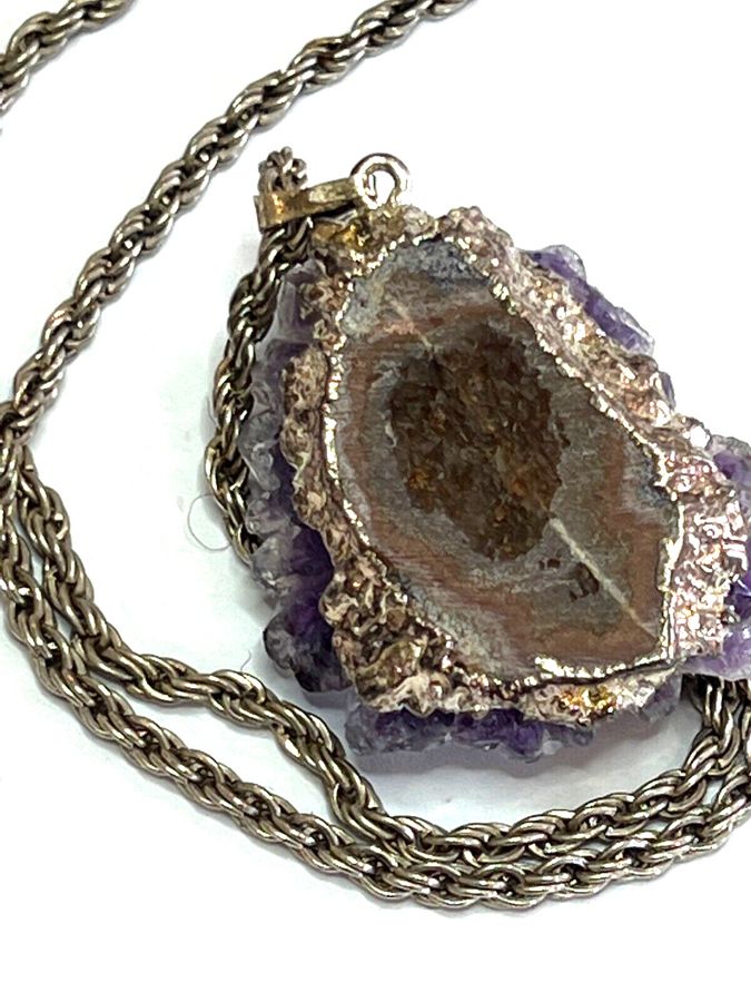 Antique Vintage Natural Chunk of Amethyst Mounted Silver Plate Back  & Chain