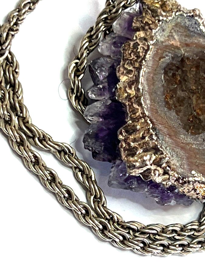 Antique Vintage Natural Chunk of Amethyst Mounted Silver Plate Back  & Chain