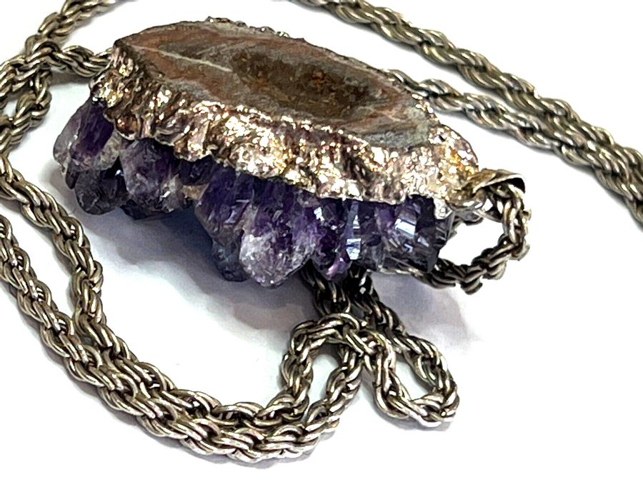 Antique Vintage Natural Chunk of Amethyst Mounted Silver Plate Back  & Chain