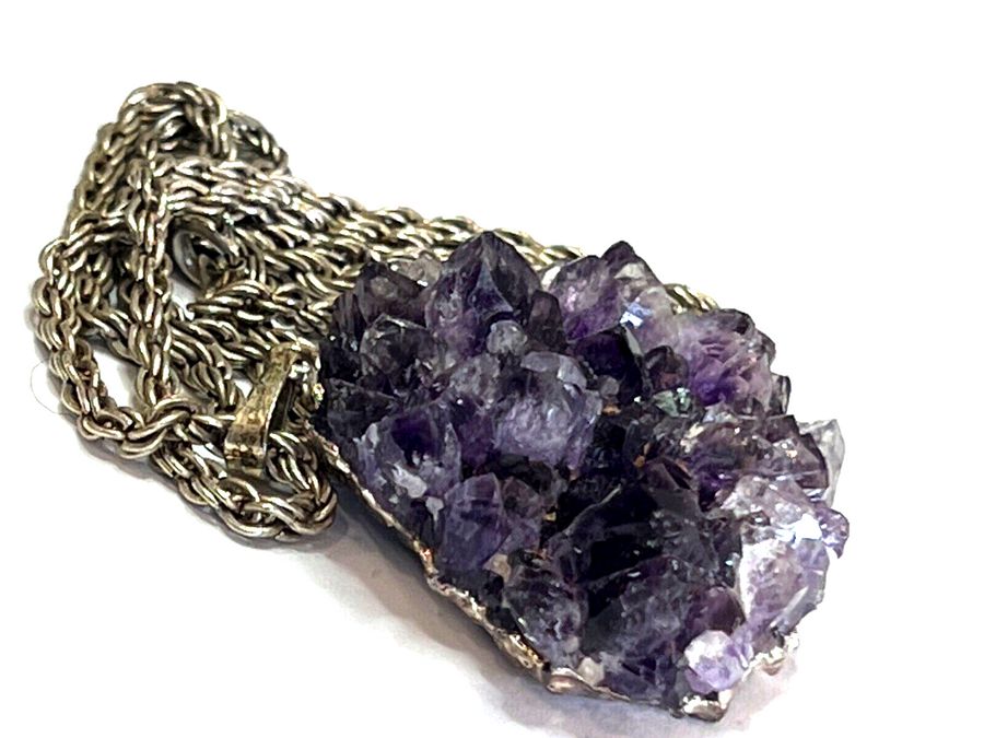 Antique Vintage Natural Chunk of Amethyst Mounted Silver Plate Back  & Chain