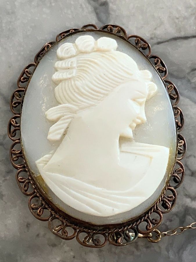 Antique Victorian Natural Shell Cameo Brooch Safety Chain and Pinchbeck Mount