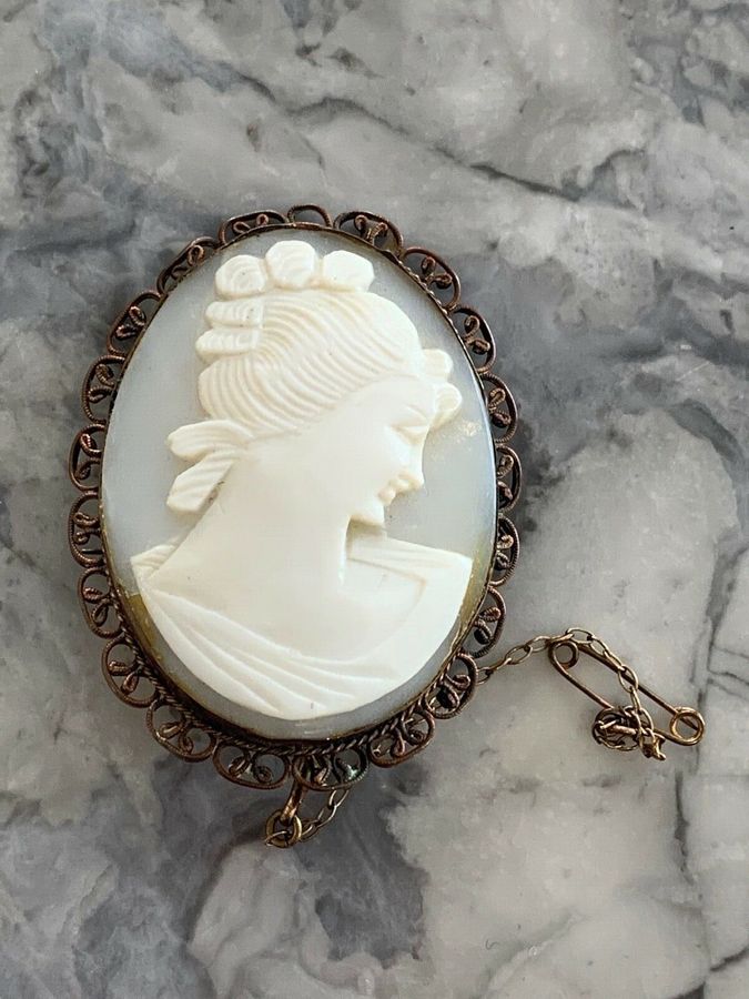 Antique Victorian Natural Shell Cameo Brooch Safety Chain and Pinchbeck Mount