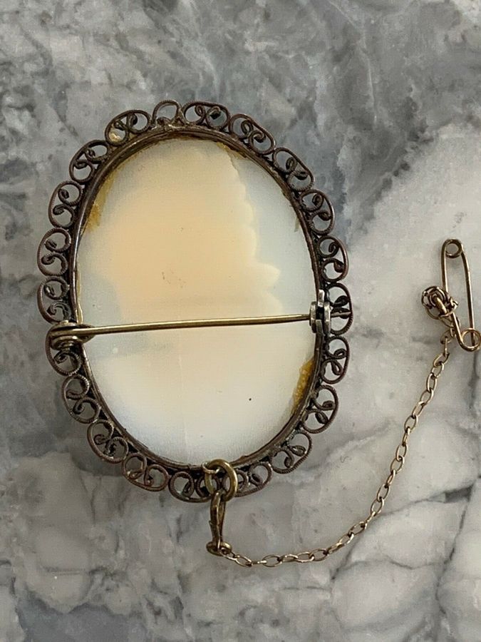 Antique Victorian Natural Shell Cameo Brooch Safety Chain and Pinchbeck Mount