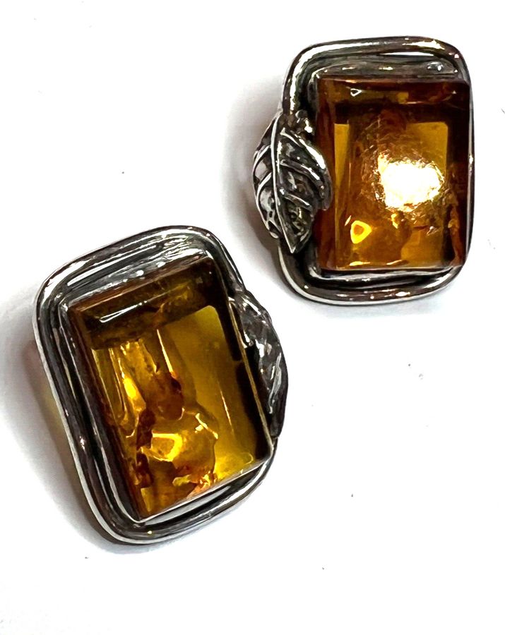 Antique Natural Amber and Silver Earrings Clip On