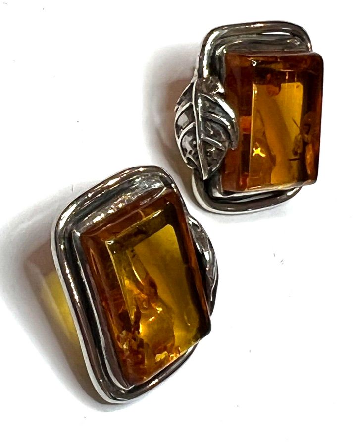 Antique Natural Amber and Silver Earrings Clip On