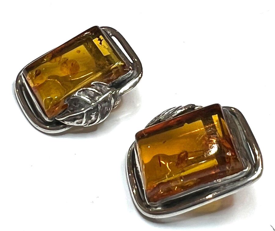 Antique Natural Amber and Silver Earrings Clip On