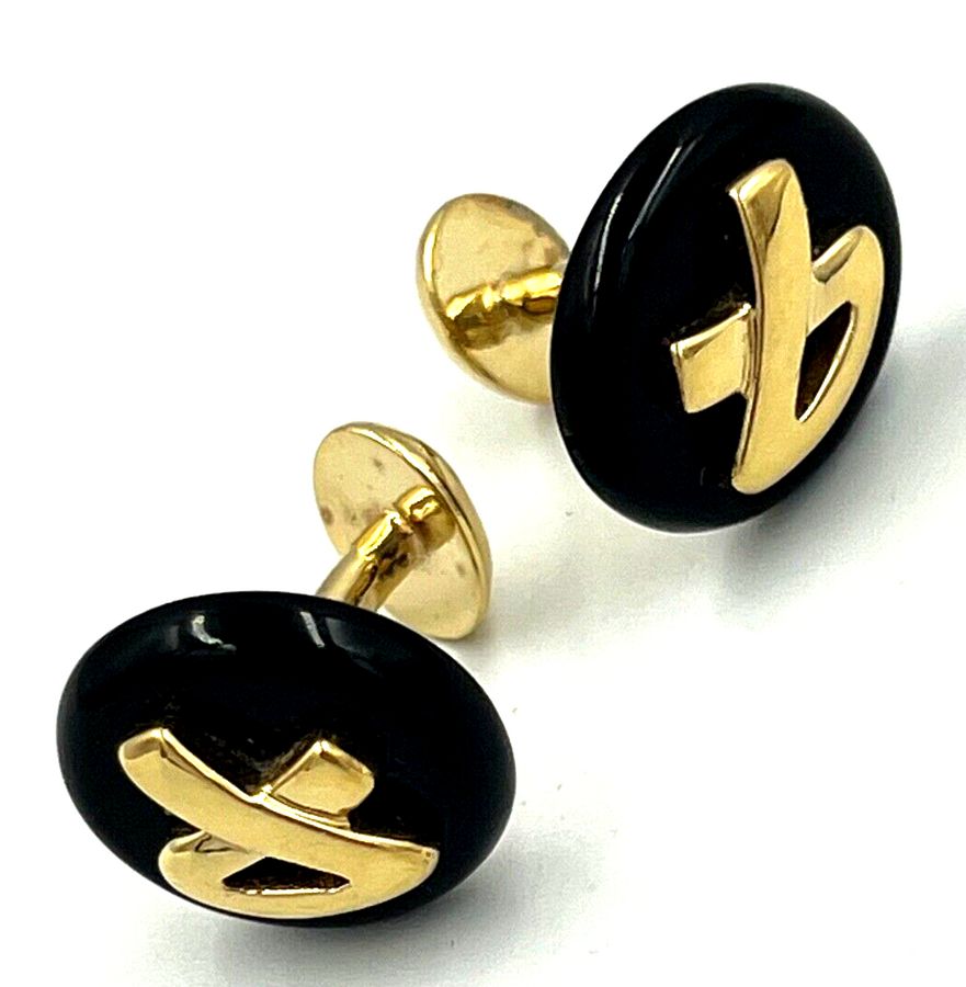 Antique Vintage Silver Vermeil Kai Yin Lo Cufflinks Natural Onyx