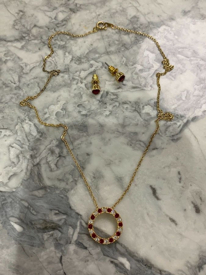 Antique Vintage Art Deco Necklace and Earrings set with Czech Red and Clear Gold Plated