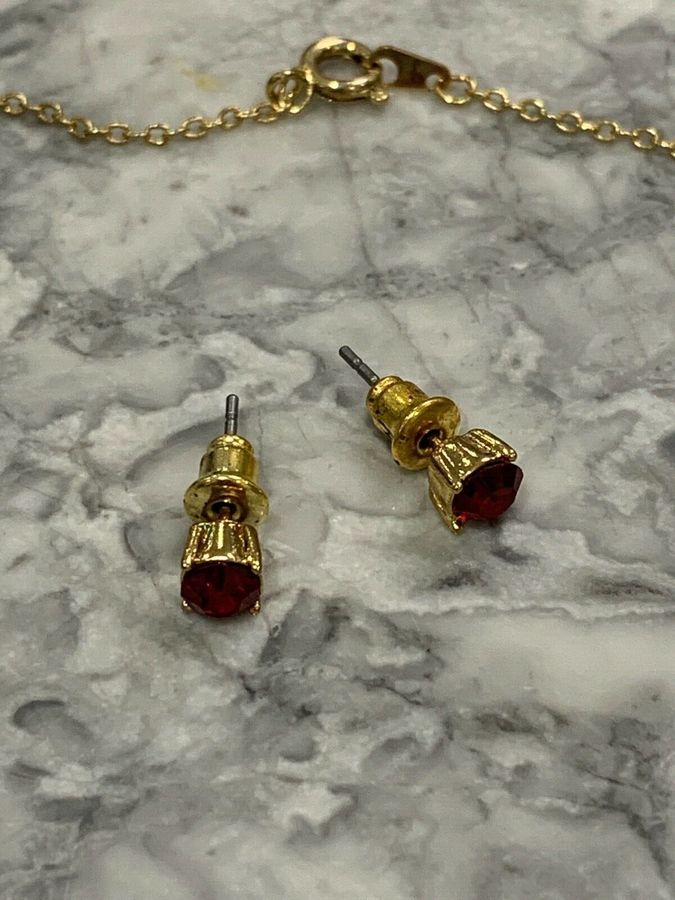 Antique Vintage Art Deco Necklace and Earrings set with Czech Red and Clear Gold Plated