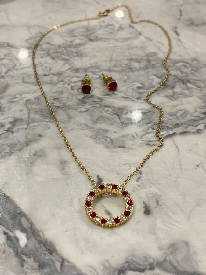 Antique Vintage Art Deco Necklace and Earrings set with Czech Red and Clear Gold Plated