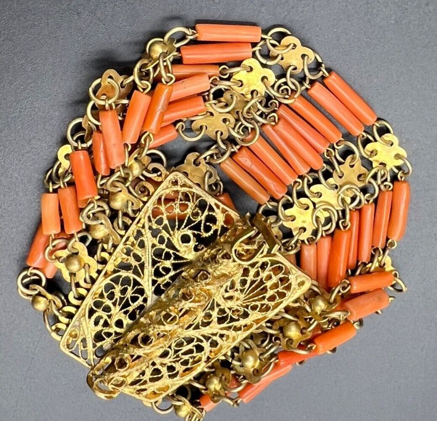 Antique Antique ArtDeco Cuff Egyptian Revival Natural Coral Faience Bracelet Hand Carved