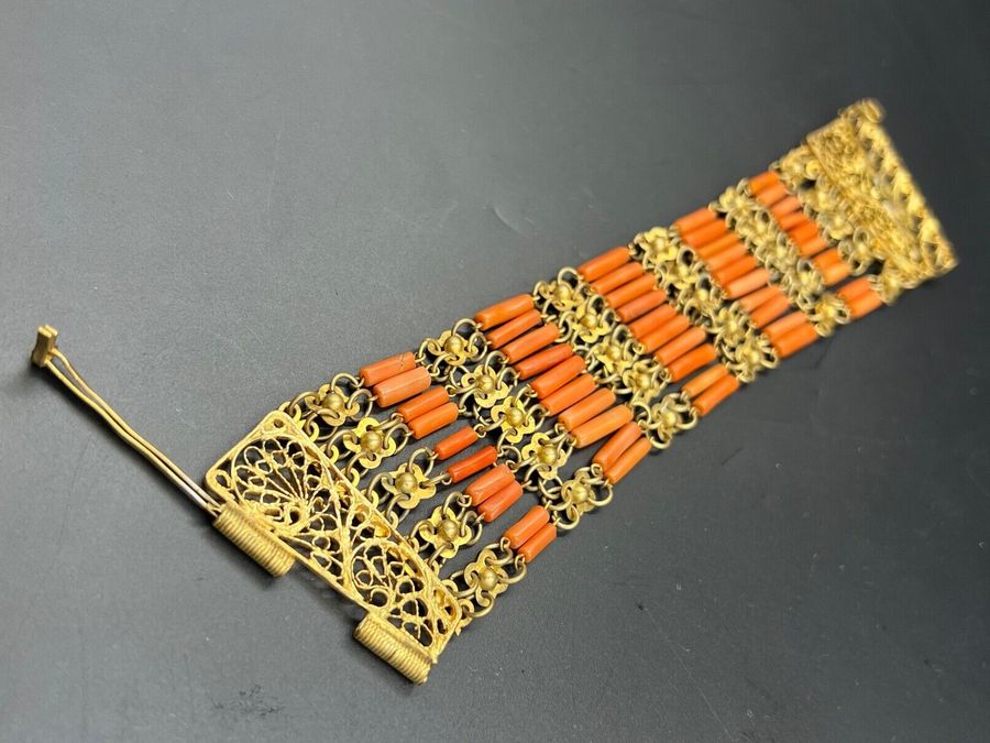 Antique Antique ArtDeco Cuff Egyptian Revival Natural Coral Faience Bracelet Hand Carved