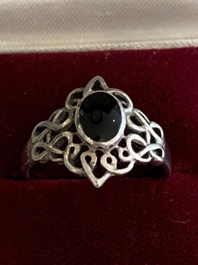 Antique Vintage Art Deco Solid Silver Ring Set with Onyx  Size S