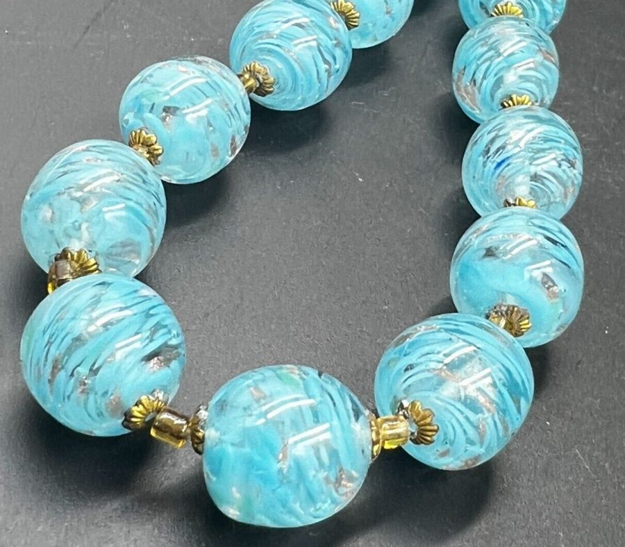 Antique Antique Art Deco Venetian Glass Necklace Hand Blown Turquoise & Gold Dust Beads