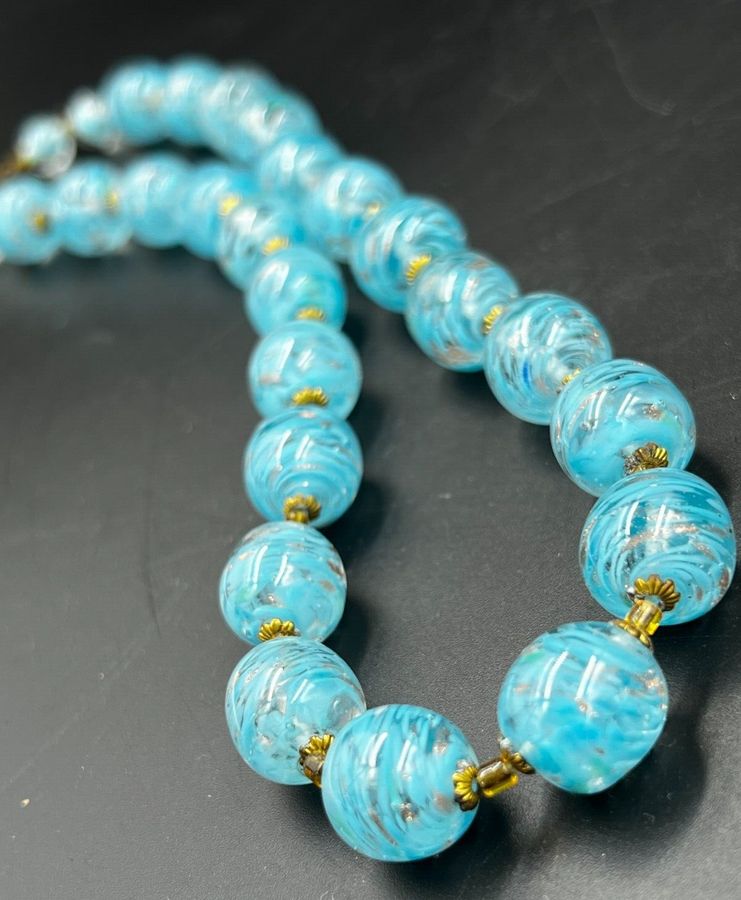 Antique Antique Art Deco Venetian Glass Necklace Hand Blown Turquoise & Gold Dust Beads