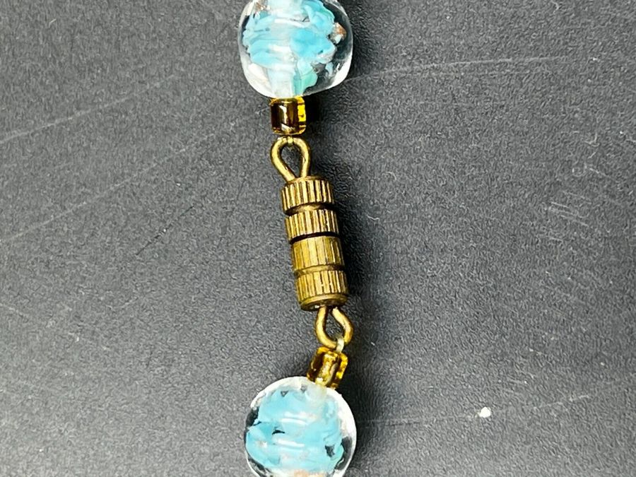 Antique Antique Art Deco Venetian Glass Necklace Hand Blown Turquoise & Gold Dust Beads