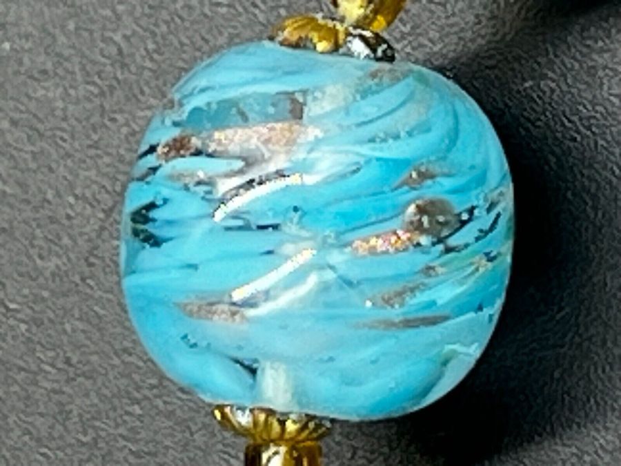 Antique Antique Art Deco Venetian Glass Necklace Hand Blown Turquoise & Gold Dust Beads