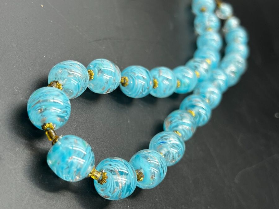 Antique Antique Art Deco Venetian Glass Necklace Hand Blown Turquoise & Gold Dust Beads