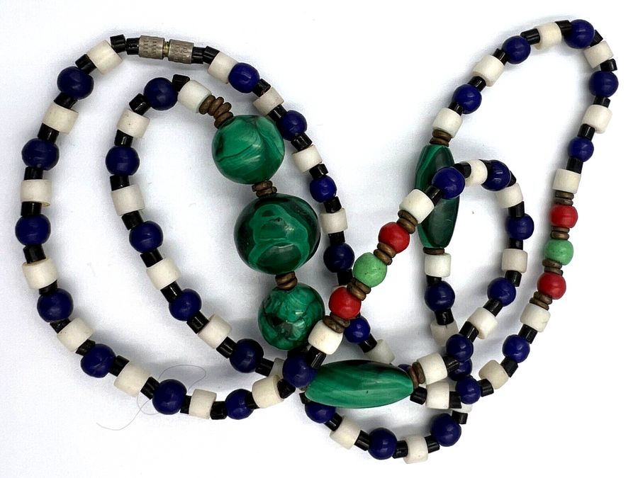 Antique Antique Necklace Malachite and Czech Blue Czech Coral Art Deco 1920s Long