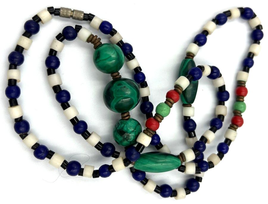 Antique Antique Necklace Malachite and Czech Blue Czech Coral Art Deco 1920s Long