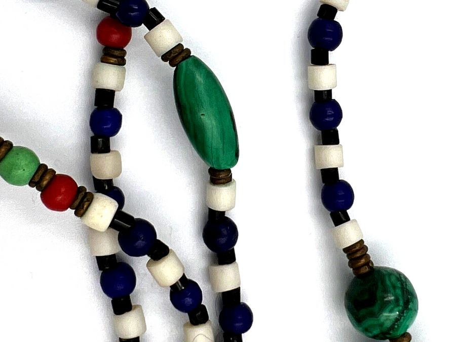 Antique Antique Necklace Malachite and Czech Blue Czech Coral Art Deco 1920s Long