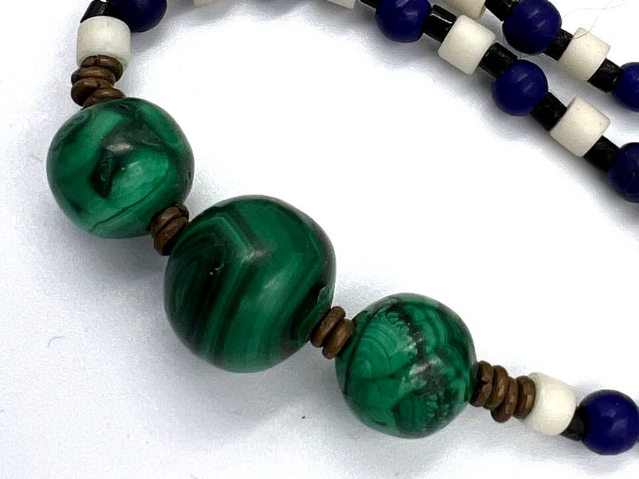 Antique Antique Necklace Malachite and Czech Blue Czech Coral Art Deco 1920s Long