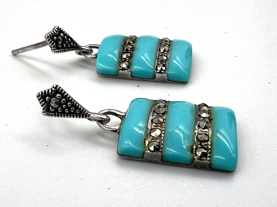 Antique Antique Art Deco Silver Drop Earrings Set with Marcasite & Czech Turquoise