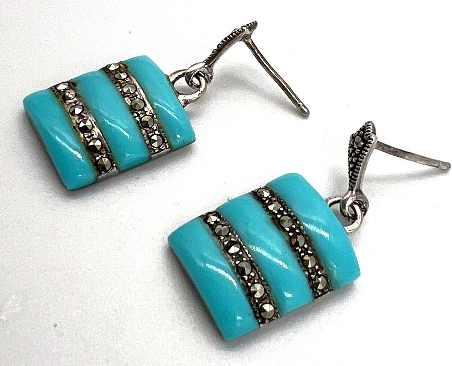 Antique Antique Art Deco Silver Drop Earrings Set with Marcasite & Czech Turquoise