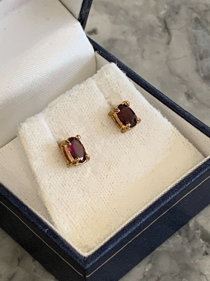 Antique Vintage Stud Earrings Set with Red Stone Changes to Purple Rolled Gold