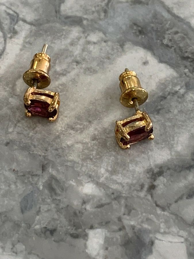 Antique Vintage Stud Earrings Set with Red Stone Changes to Purple Rolled Gold