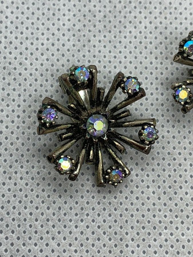 Antique Vintage Art Deco Czech Multi Colour Aurora Borealis Clip On Earrings