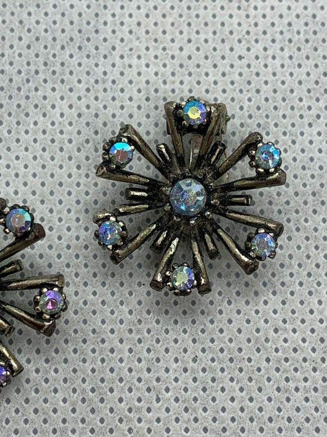 Antique Vintage Art Deco Czech Multi Colour Aurora Borealis Clip On Earrings