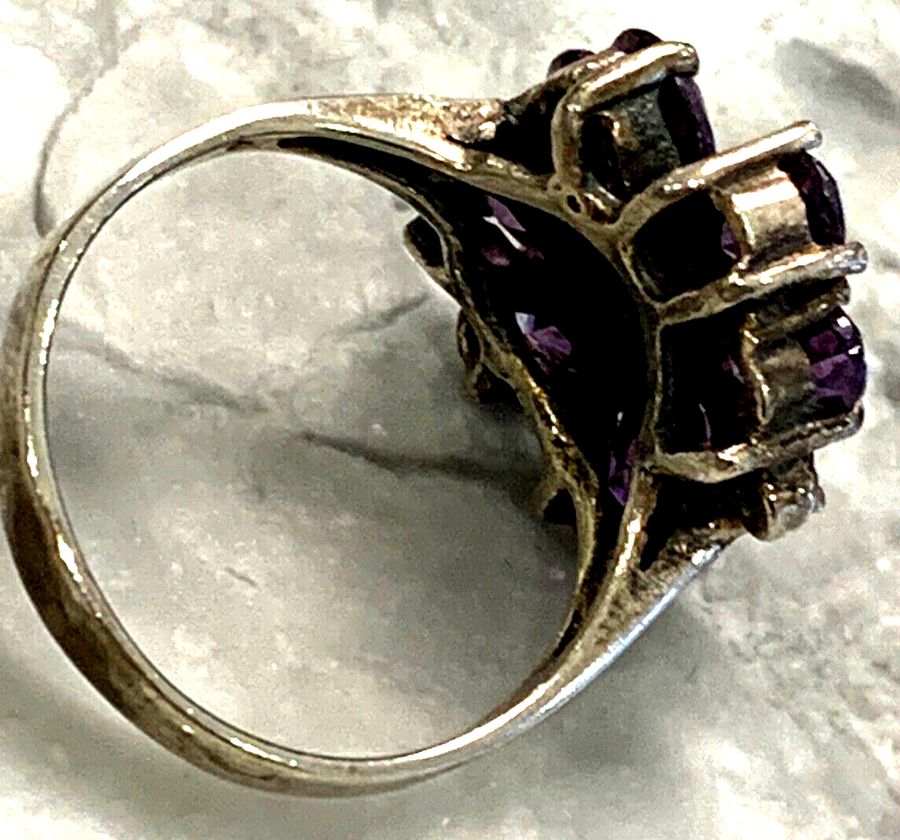 Antique Vintage Art Deco Sterling Silver  Ring Set With Natural Amethysts Size Q