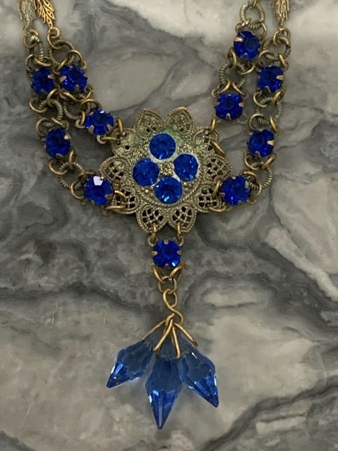 Antique Victorian Czech Blue Revere Necklace Pendant