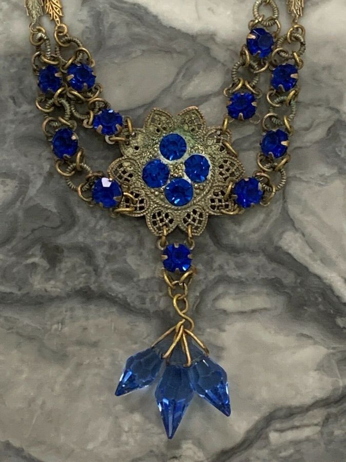 Antique Victorian Czech Blue Revere Necklace Pendant