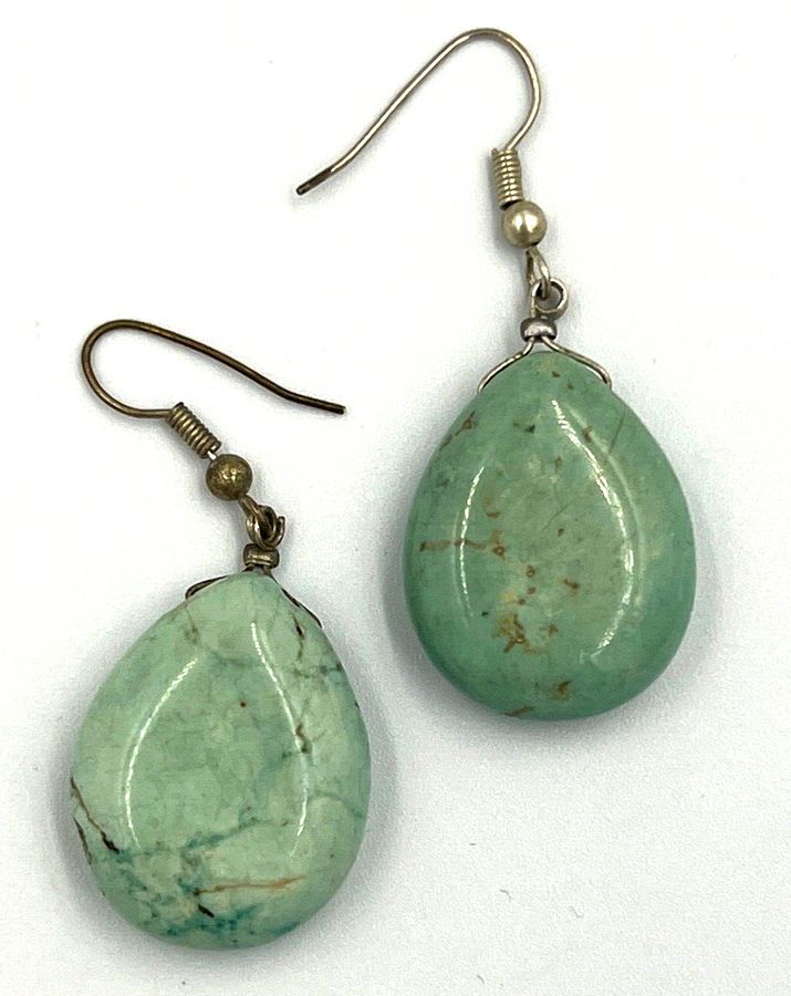 Antique Vintage Silver Drop Earrings Set with Natural Tear Shaped Turquoise Pierced ears