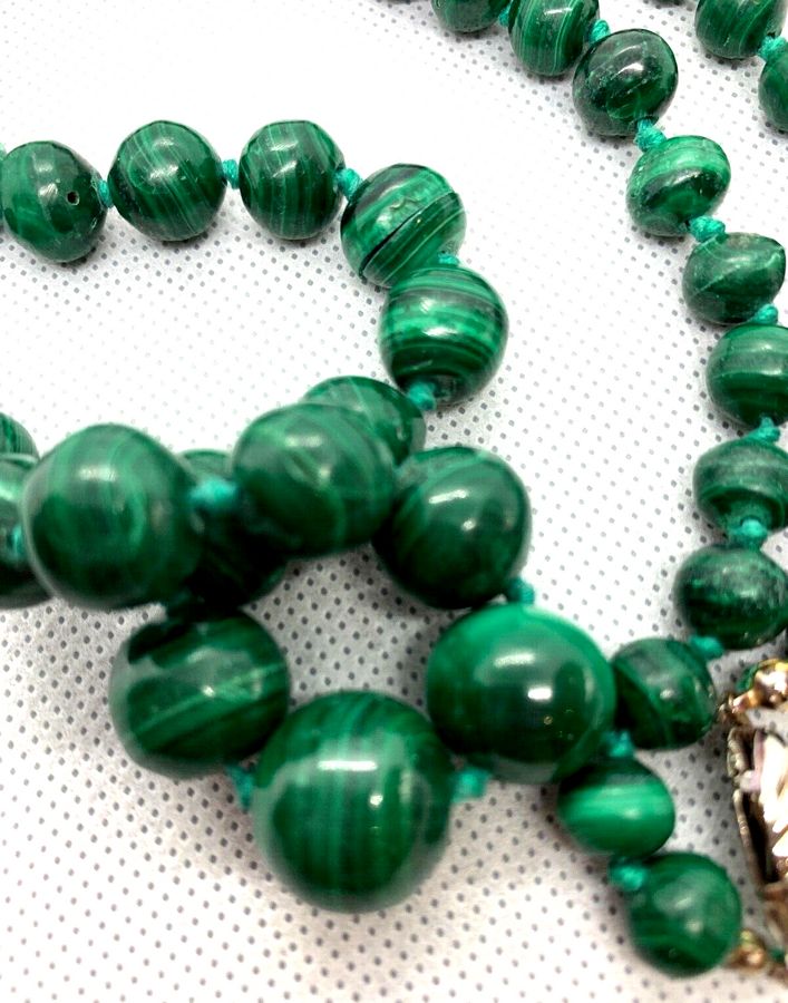 Antique Antique  Art Deco Natural Malachite Graduated Long Necklace