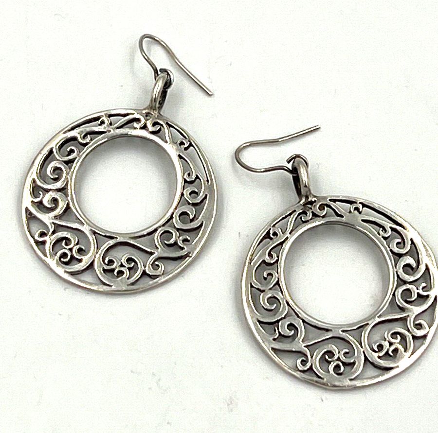 Antique Vintage Sterling Silver Hand Worked Drop Dangle Hoop Earrings