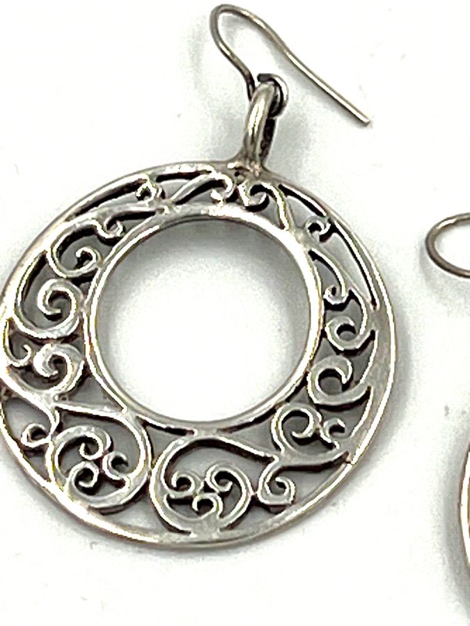 Antique Vintage Sterling Silver Hand Worked Drop Dangle Hoop Earrings