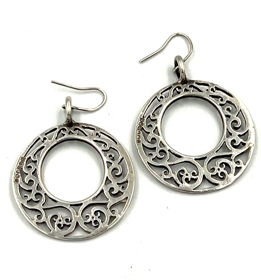 Antique Vintage Sterling Silver Hand Worked Drop Dangle Hoop Earrings