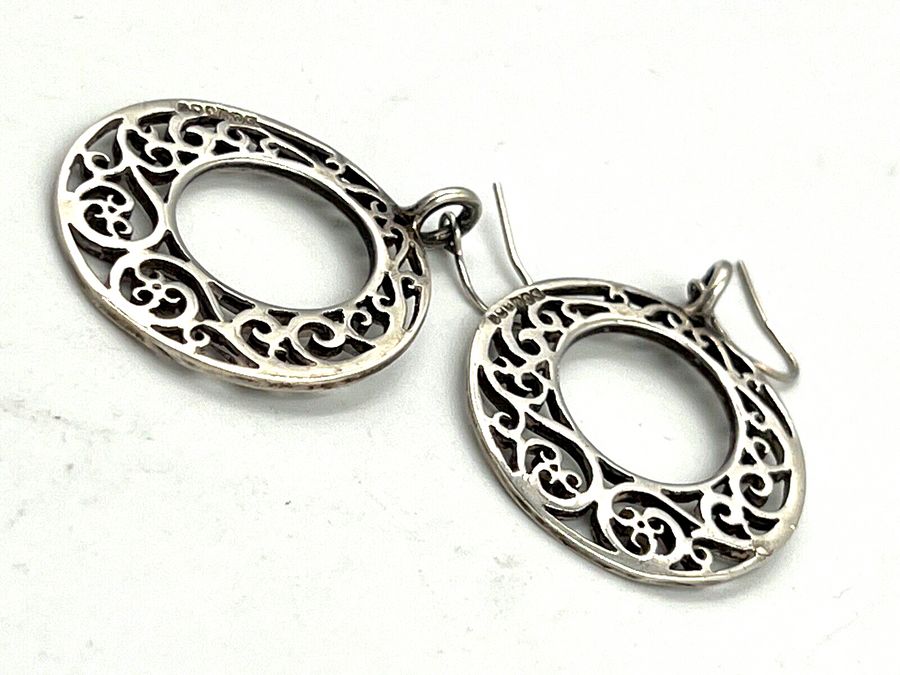 Antique Vintage Sterling Silver Hand Worked Drop Dangle Hoop Earrings