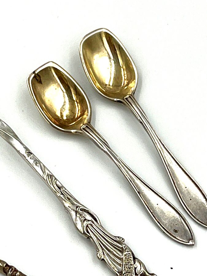 Antique Antique Silver Plated Pickle Fork and 2 x Mustard Spoons and Salt Spoon