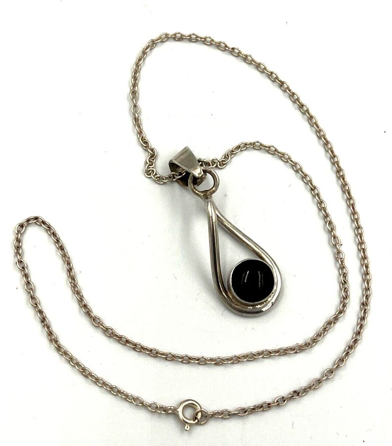 Antique Vintage Mexican Solid Silver Large Pendant Set with Onyx on Solid Silver Chain