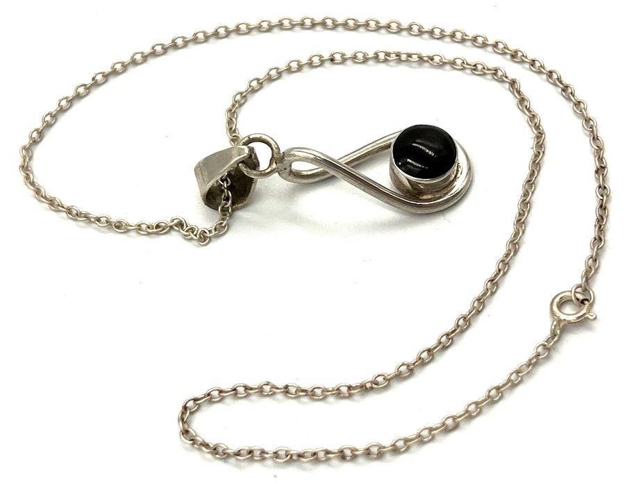 Antique Vintage Mexican Solid Silver Large Pendant Set with Onyx on Solid Silver Chain