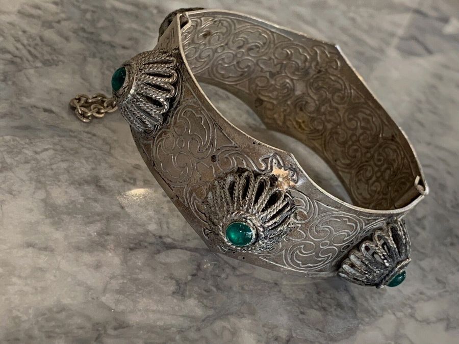 Antique Vintage Art Deco White Metal Bangle With Lock Clasp Set with Czech Emerald