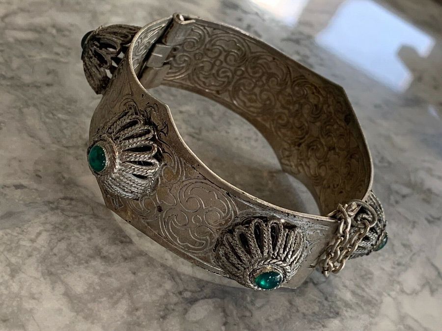 Antique Vintage Art Deco White Metal Bangle With Lock Clasp Set with Czech Emerald