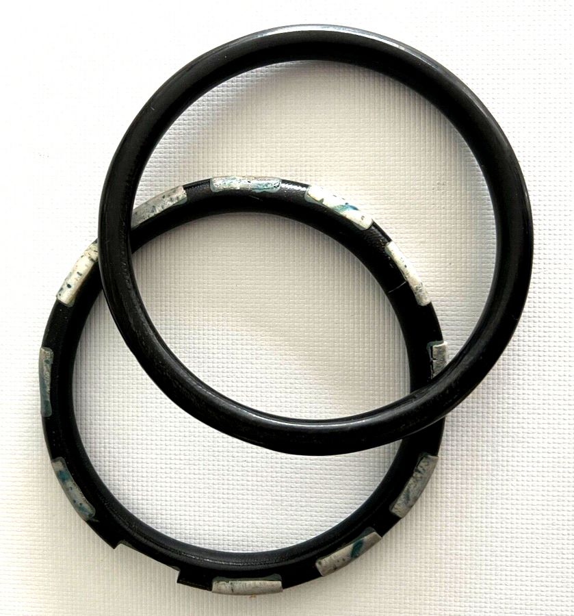 Antique 2 x Natural Black Coral Bangles set with Mother of Pearl Vintage Both A/F