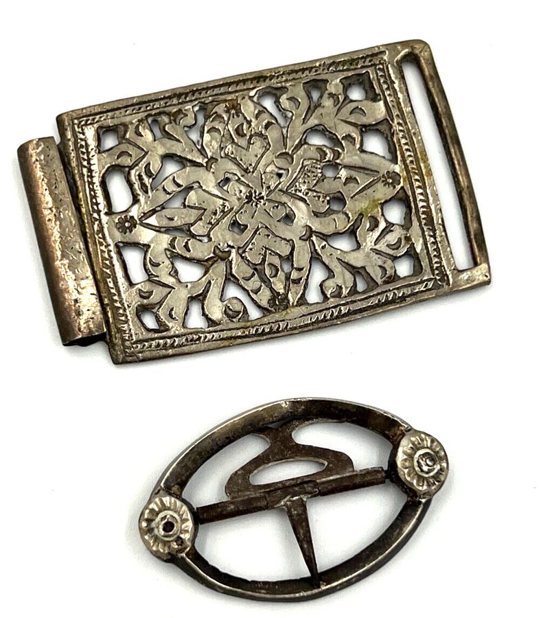 Antique Buckles x 2 Handworked Silver PLated